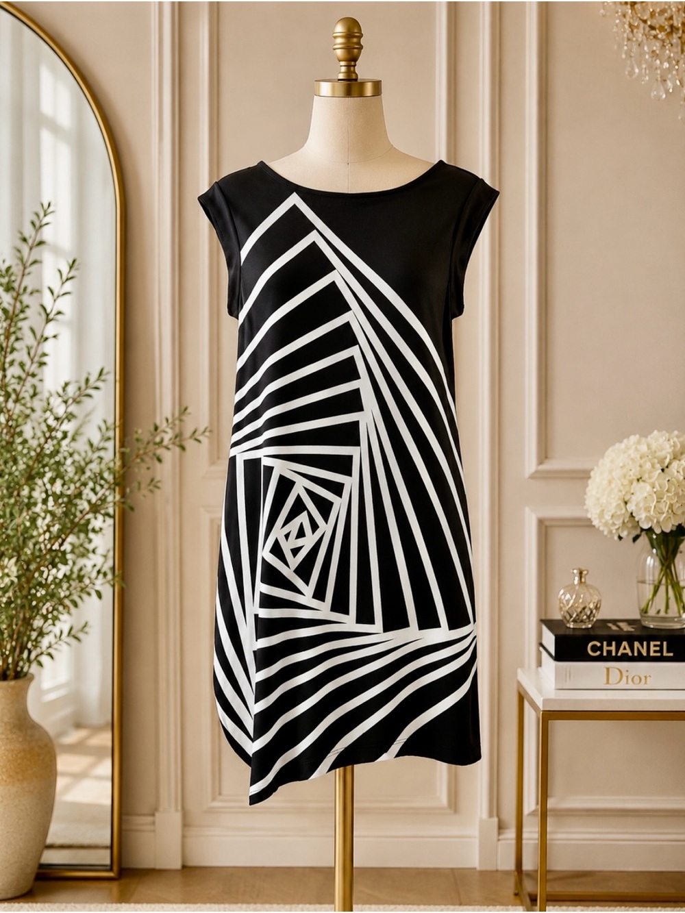 BCBGMaxAzria Black & White Geometric Shift Dress